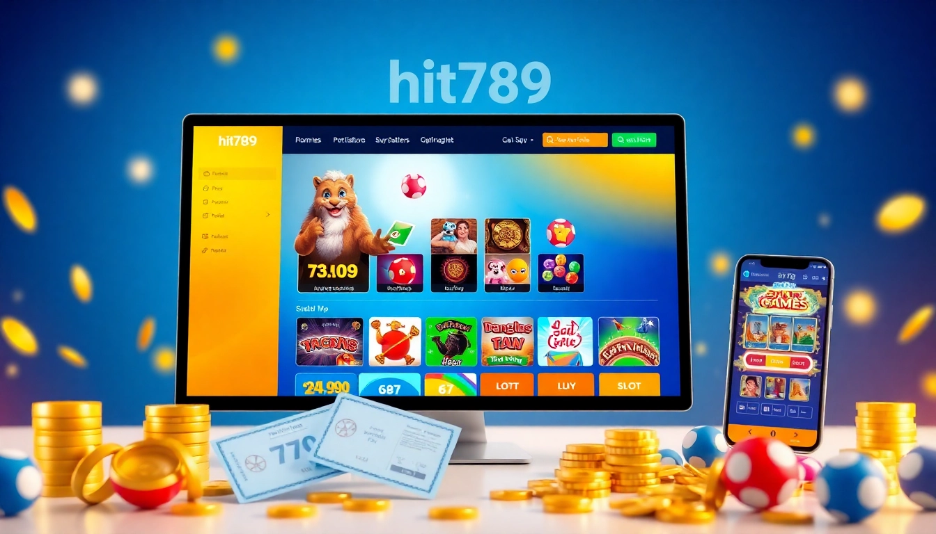 Experience the vibrant world of hit789 with engaging lottery and slot games showcased on a sleek interface.