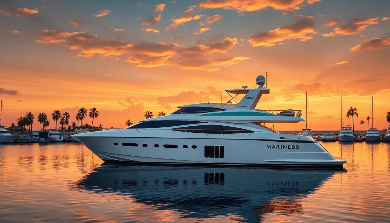 Experience luxury with Marine88 yacht anchored at a serene marina during sunset.