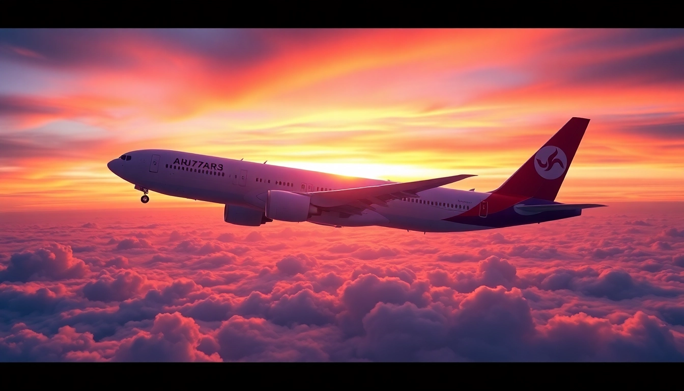 Capture the PK789 journey as a Boeing 777 soars through a vibrant sunset, symbolizing international travel.