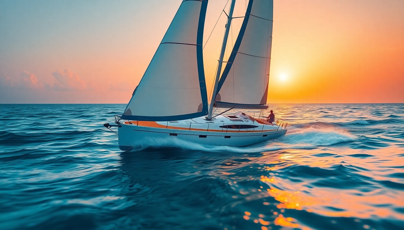 A J88 sailboat racing smoothly across vibrant blue waters at sunset.