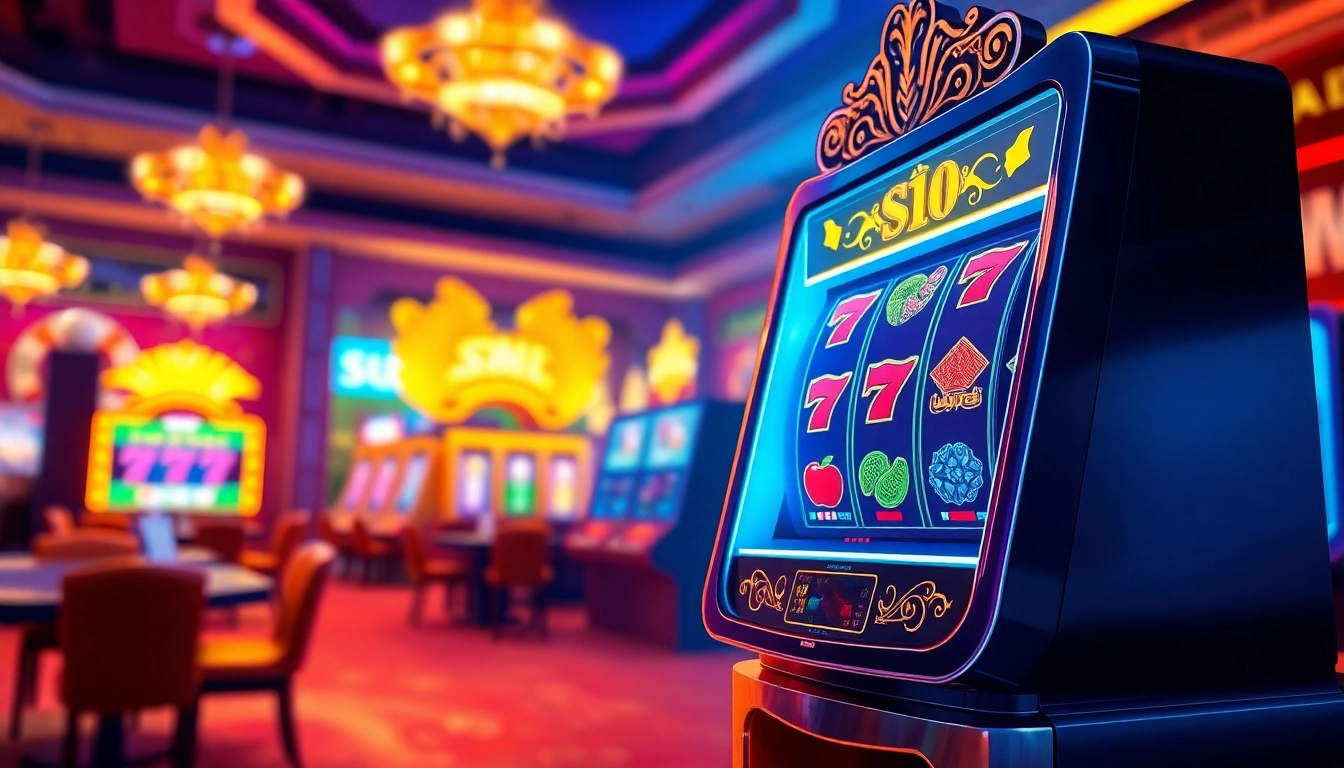 Spin the thrilling สล็อตออนไลน์ on a luxurious digital slot machine surrounded by vibrant lights.