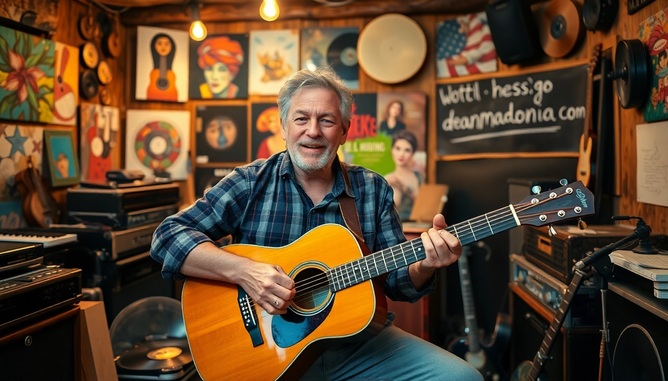 Capturing the essence of music at https://deanmadonia.com/, a musician plays guitar in a colorful studio.