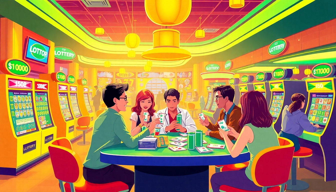 Excited lottery players discussing their winning numbers at a casino.