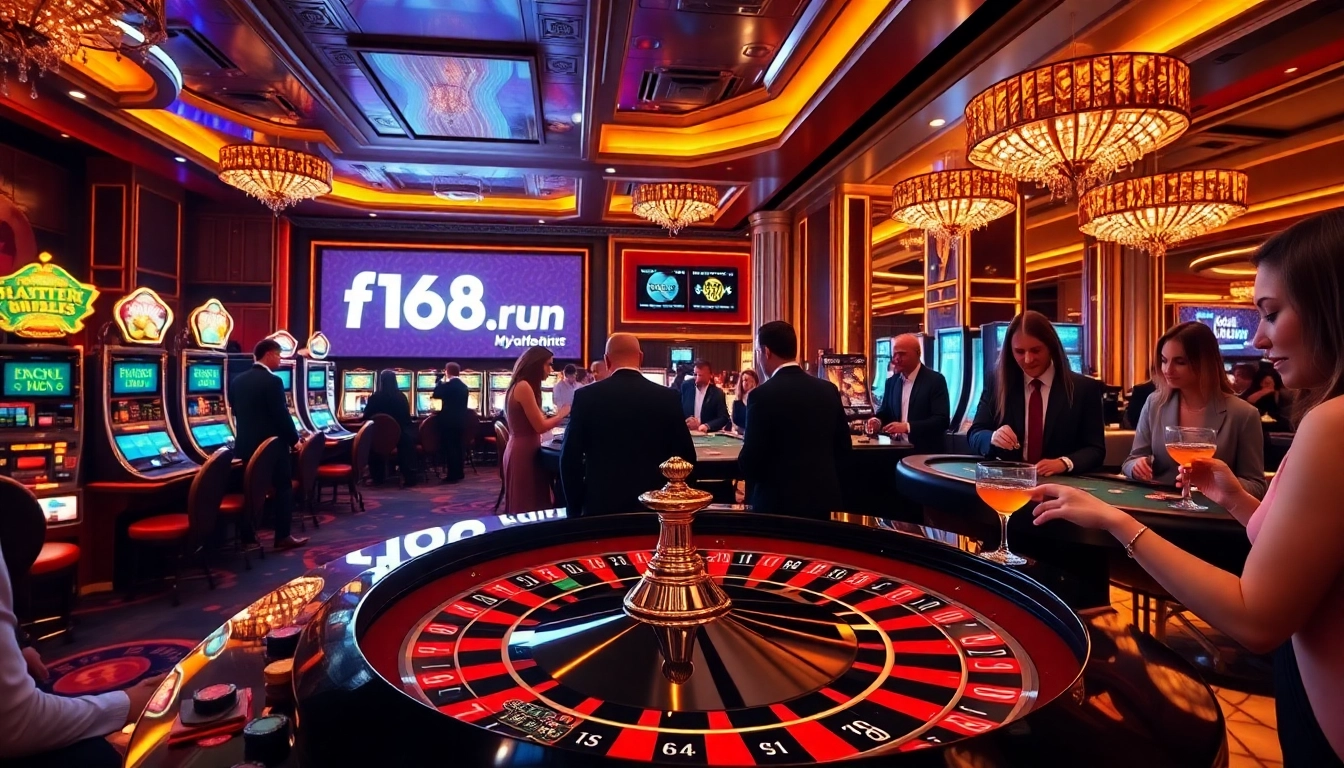 Experience the thrilling atmosphere of f168.run, where players enjoy high-stakes games at a dazzling casino with a live roulette table.