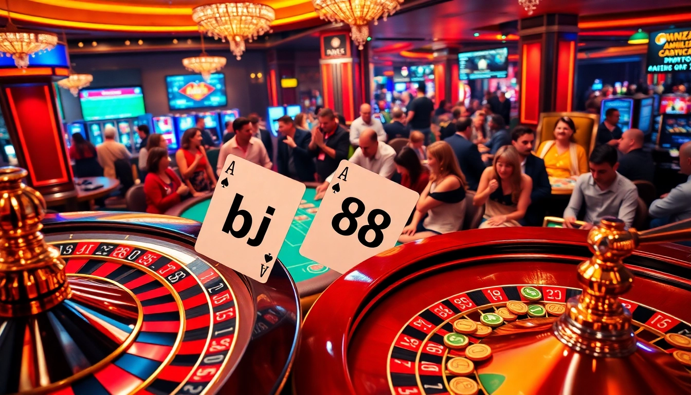 Players enjoying vibrant casino action, featuring the "bj 88" blackjack table surrounded by excitement and betting fervor.