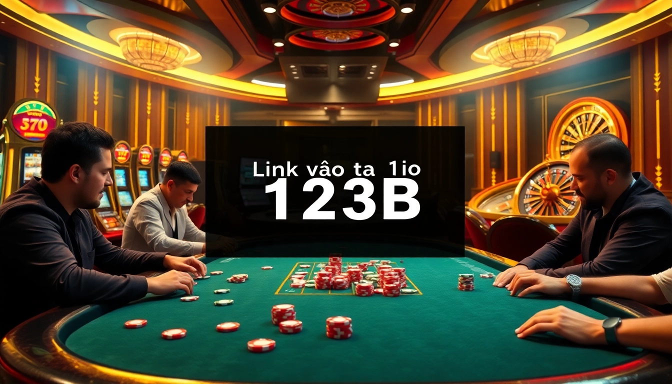 Experience the thrill of gambling with Link vào 123B at a glamorous poker table featuring colorful chips and intense players.