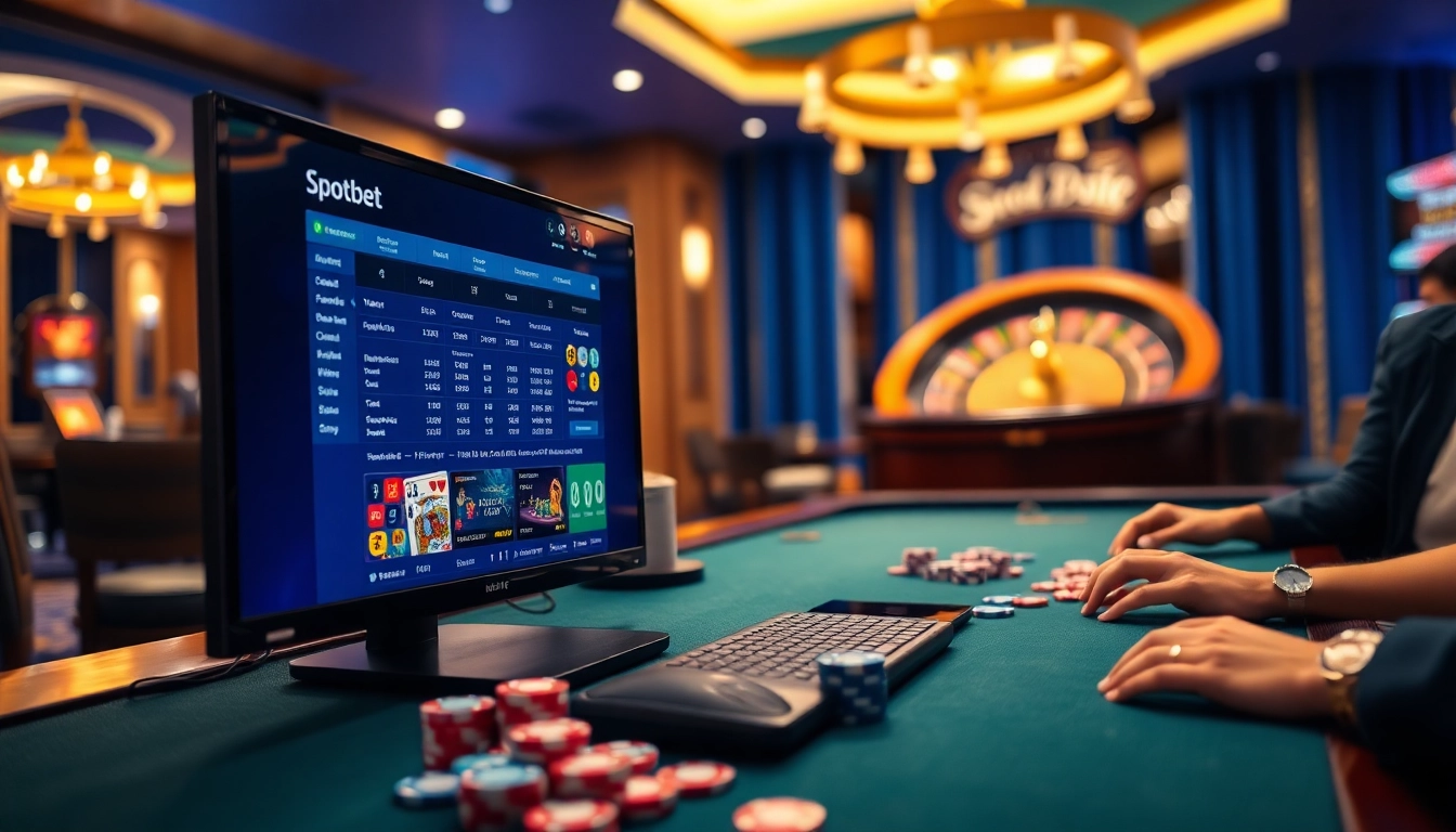 Experience the excitement of spotbet at a vibrant online casino gaming table with poker chips and a roulette wheel.