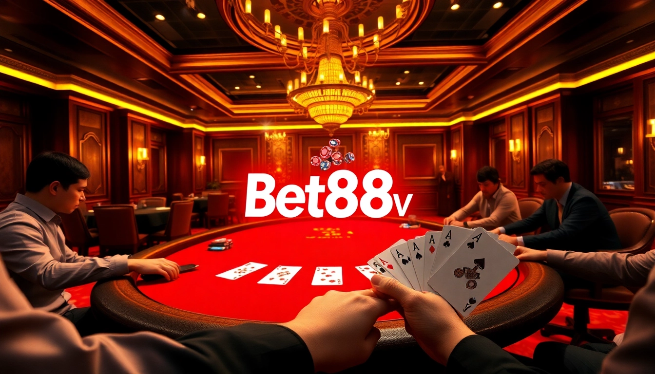 An exciting moment at the poker table with Bet88vn highlighted, showcasing vibrant chips and cards in a lively casino setting.