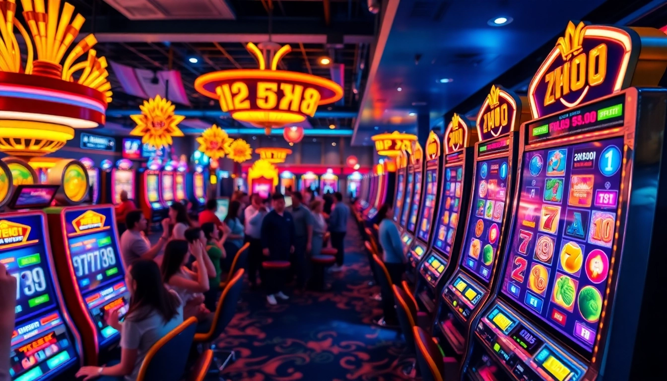 Experience the excitement of j88 nổ hũ as players hit jackpots on stunning slot machines in a vibrant casino atmosphere.