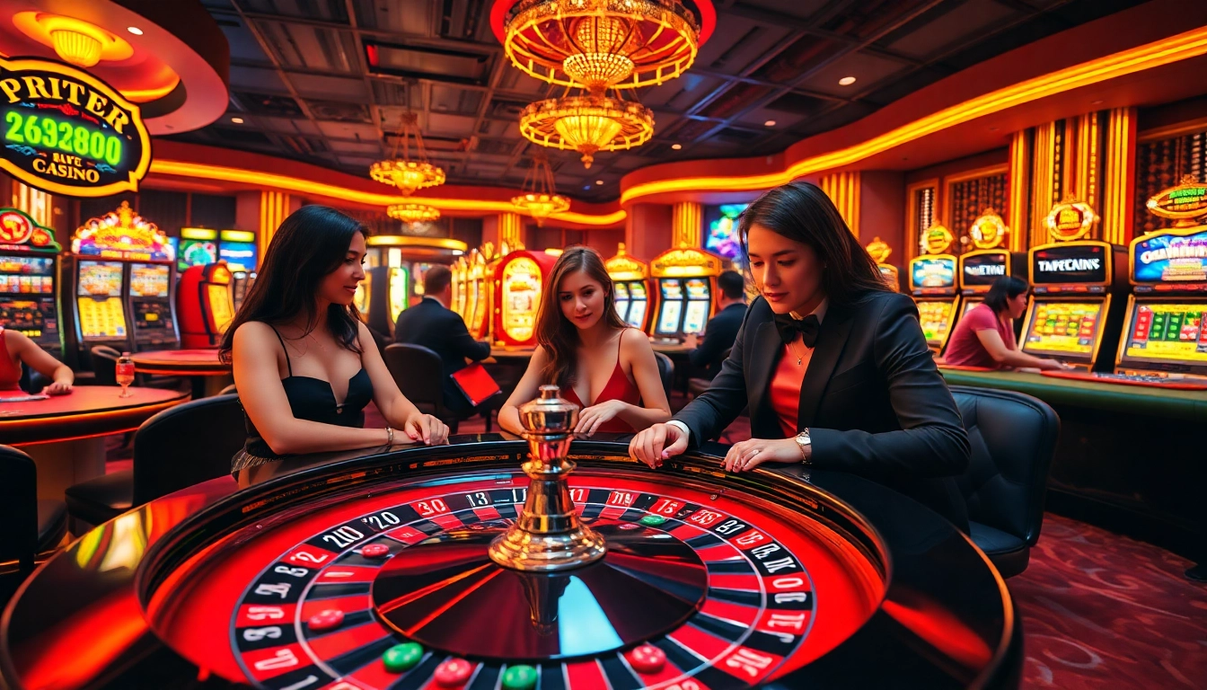 Experience the thrill of sexy AI chat at a vibrant casino with players at roulette and slot machines.