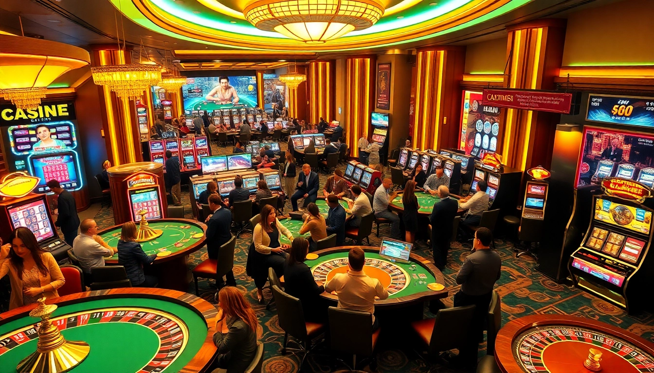 Experience the excitement of cổng 68 game bài with players engaged at vibrant casino tables, showcasing thrilling gambling action.
