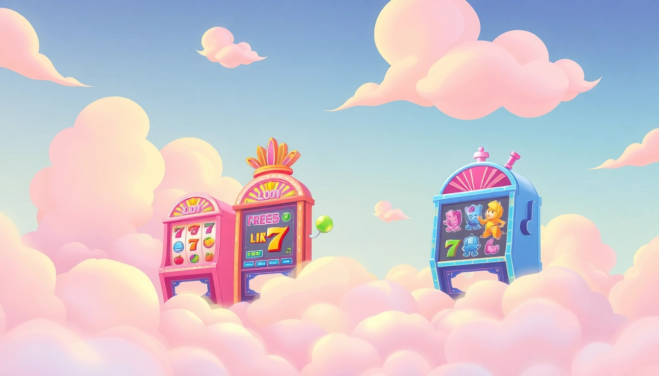Experience the thrill of Slot Cloud with vibrant, whimsical slot machines amid colorful clouds.