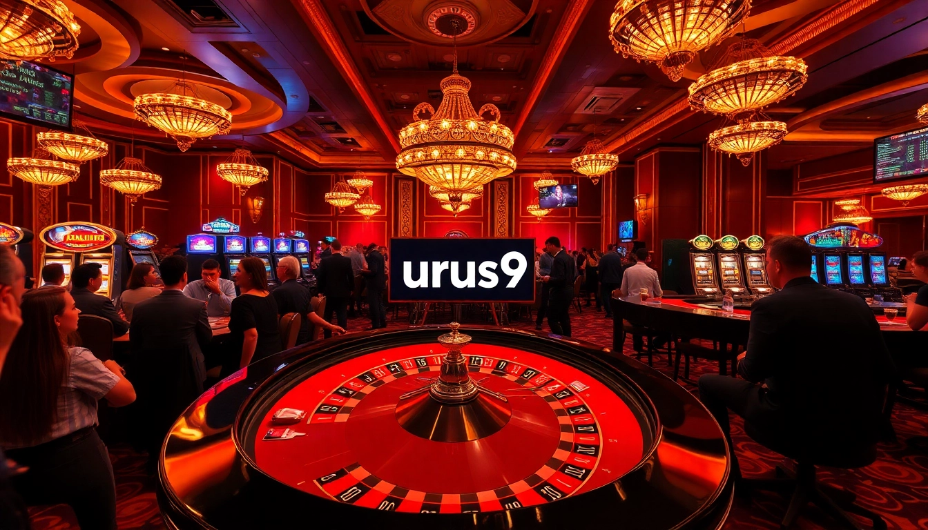 Exciting casino scene showcasing players at a roulette table with a digital display featuring urus9.