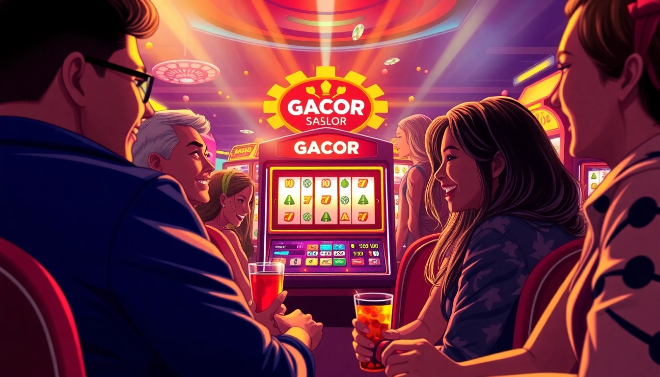Players celebrating around a winning Slot Gacor machine in a lively online casino.