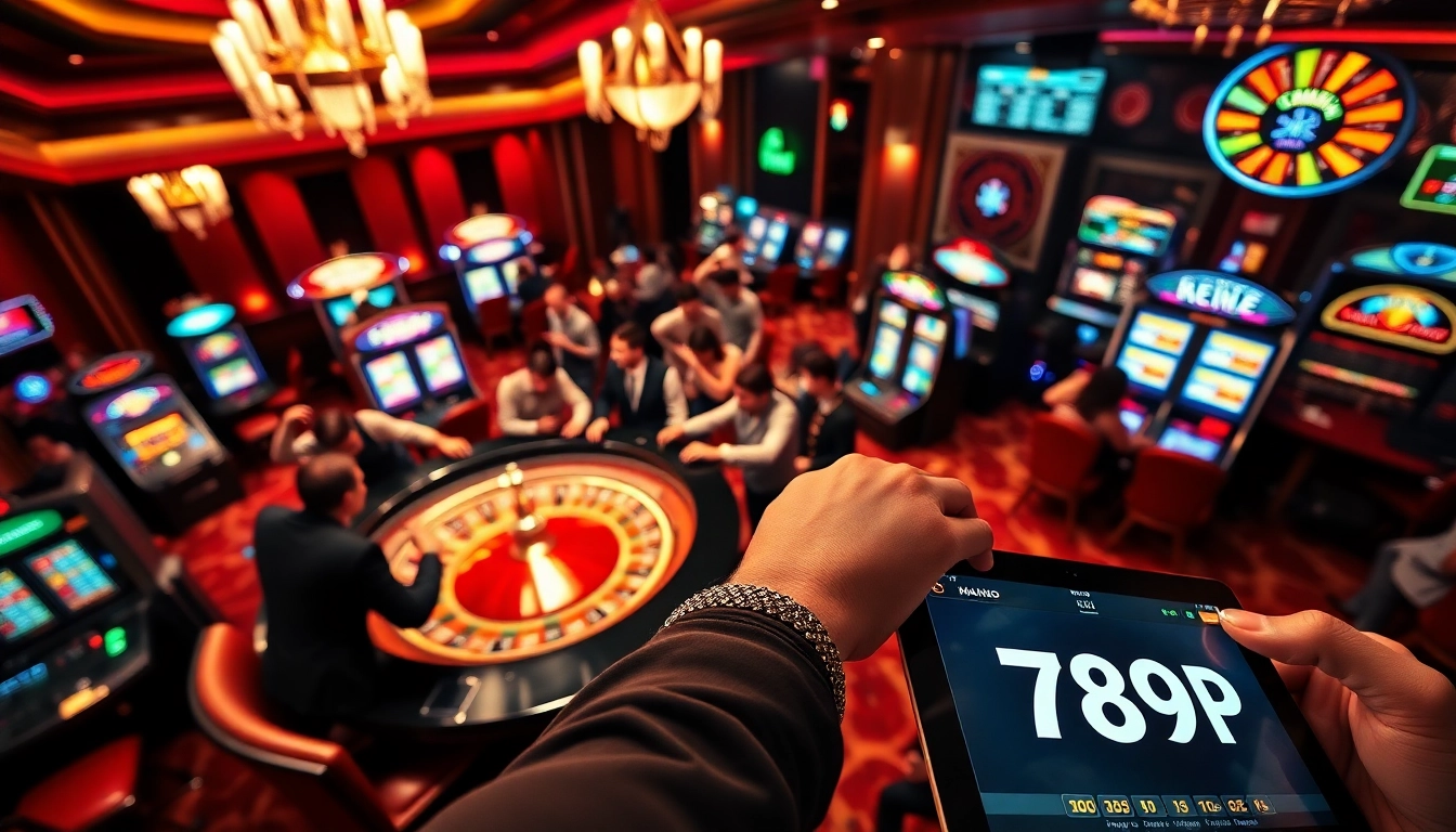 Players enjoying thrilling games at a luxurious casino with 789P logo on a tablet, celebrating wins.