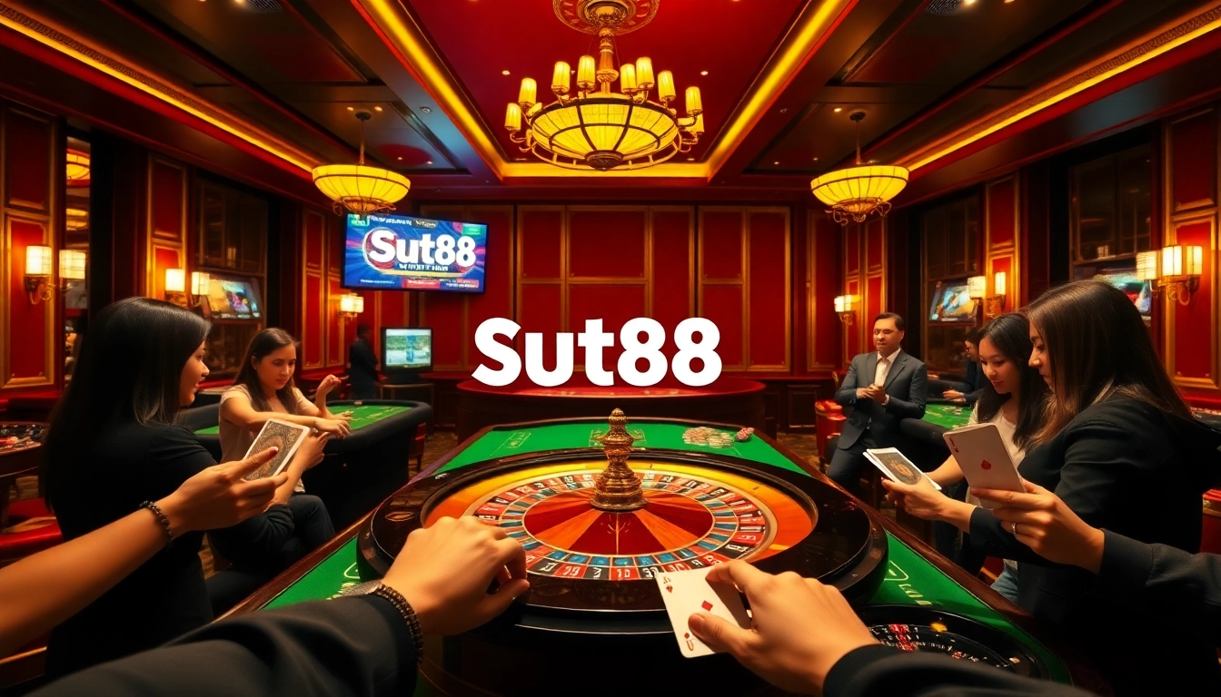 SUT88 ĐĂNG NHẬP at an exquisite casino with players engaging at the roulette table, capturing the excitement of online gambling.