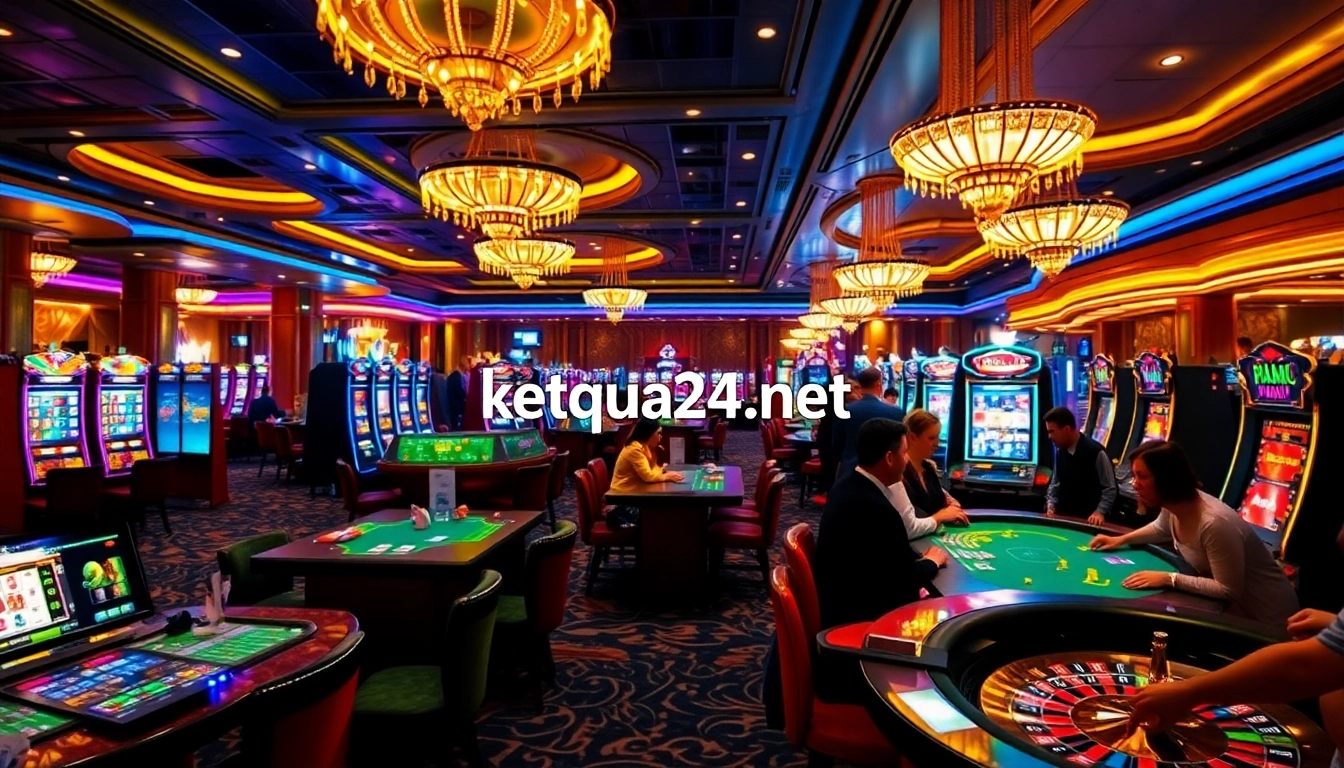Exciting casino gaming featuring ketqua24.net on a digital display, showcasing vibrant slot machines and lively patrons.
