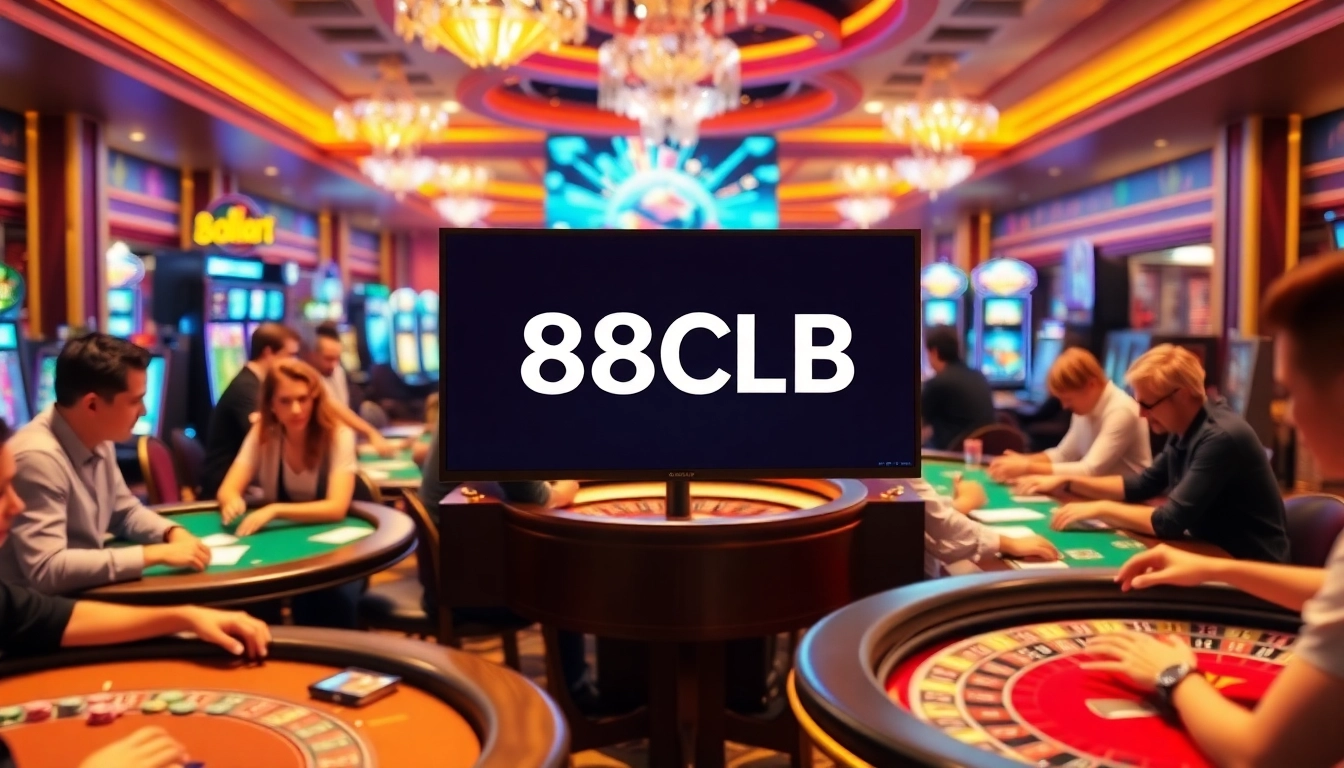 Experience the thrill of 88CLB at a lively casino, showcasing players at poker and roulette tables.