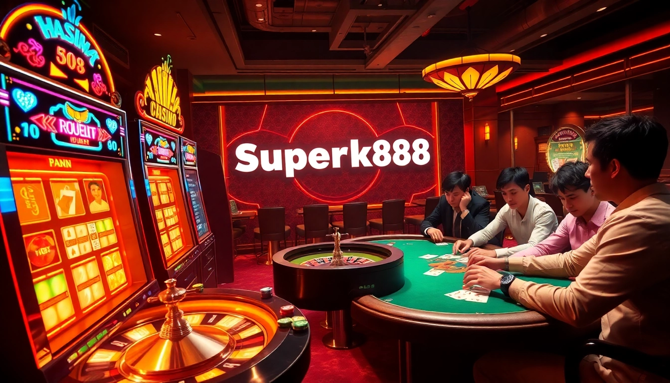 Supertkb88 casino setting with players enjoying poker games and vibrant slot machines.
