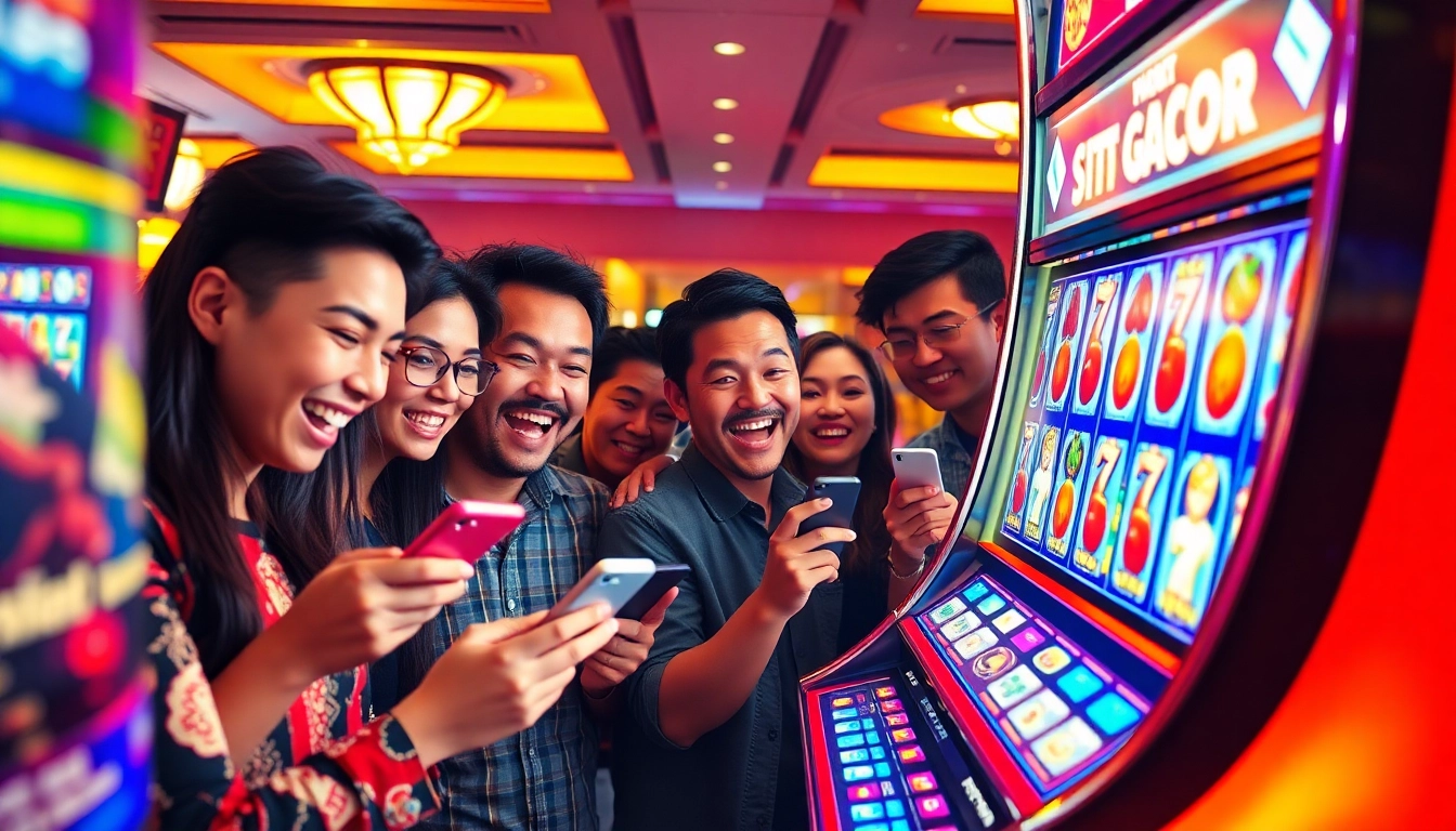 Discover excitement with players engaging at the Situs Slot Gacor machine, showcasing joy and winning chances.